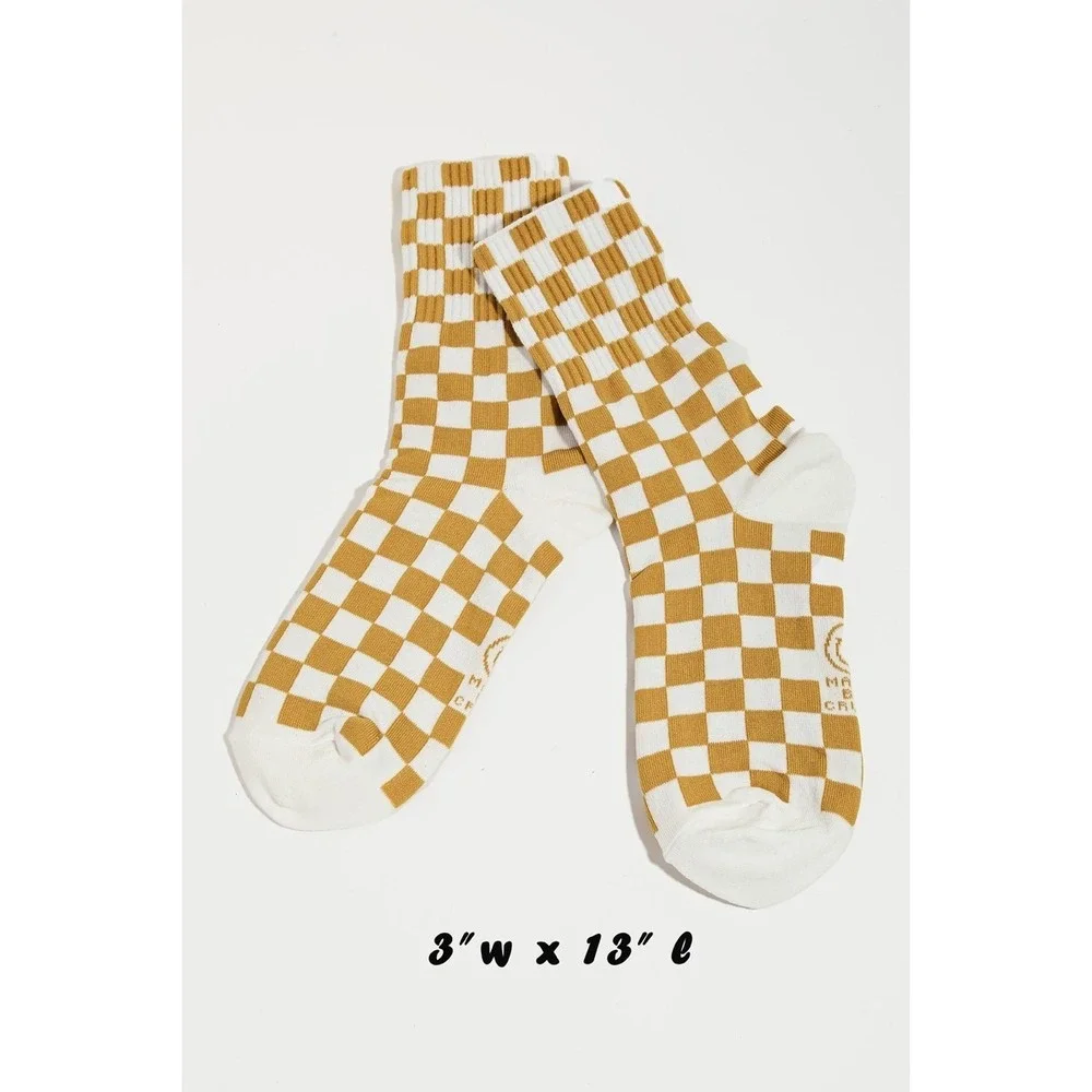 NEW Crew‎ Mustard Yellow White Checkerboard Pattern Ribbed Crew Socks
